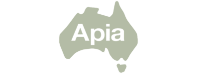 Logo of Apia, shaped like the map of Australia with a heart symbol.