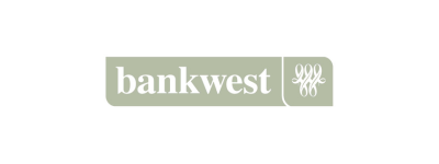 Logo of Bankwest, featuring an elegant, ornamental design that includes the company's initials.