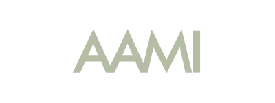 Logo of AAMI, featuring stylized uppercase letters 'AAMI' with a unique design in pale green.